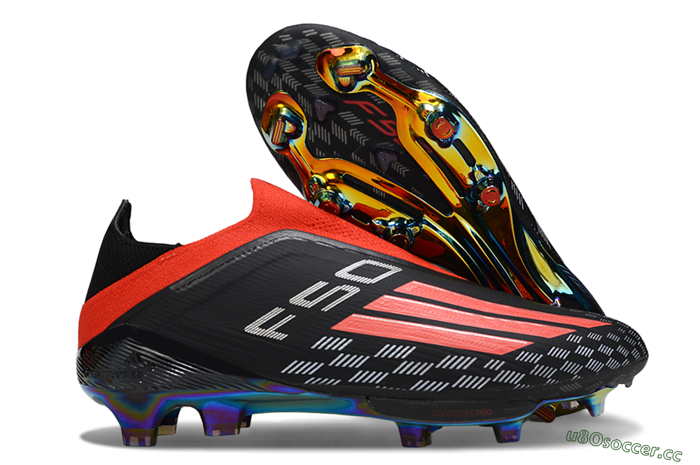 Men's Adidas F50 Lightstrike Pro Laceless FG Firm Ground Low-Tops Football Boots - Black/Fiery Red/Rainbow Hues 2