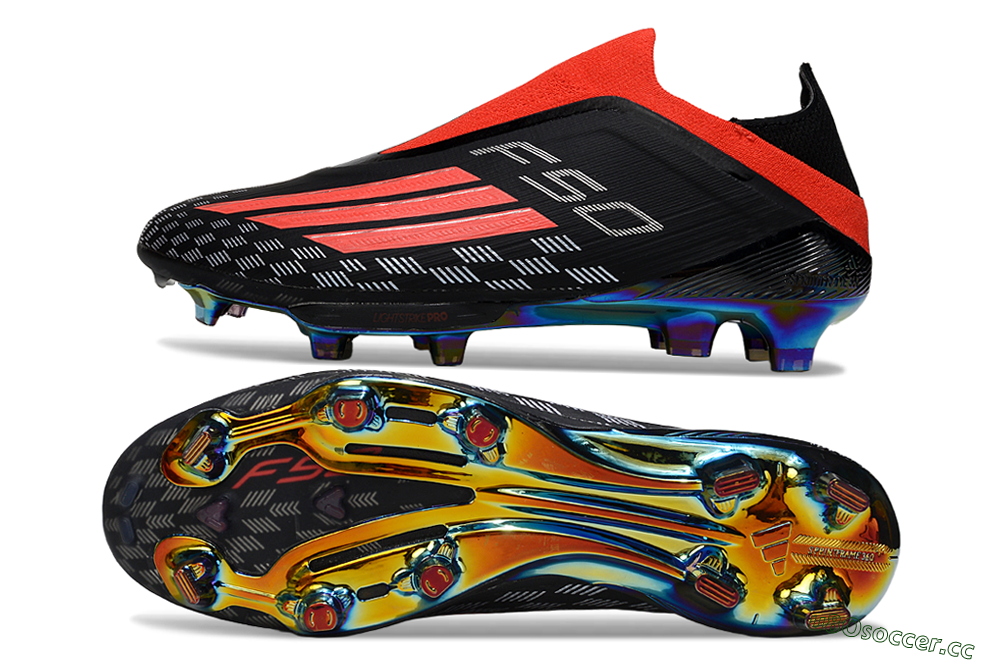 Men's Adidas F50 Lightstrike Pro Laceless FG Firm Ground Low-Tops Football Boots - Black/Fiery Red/Rainbow Hues 1