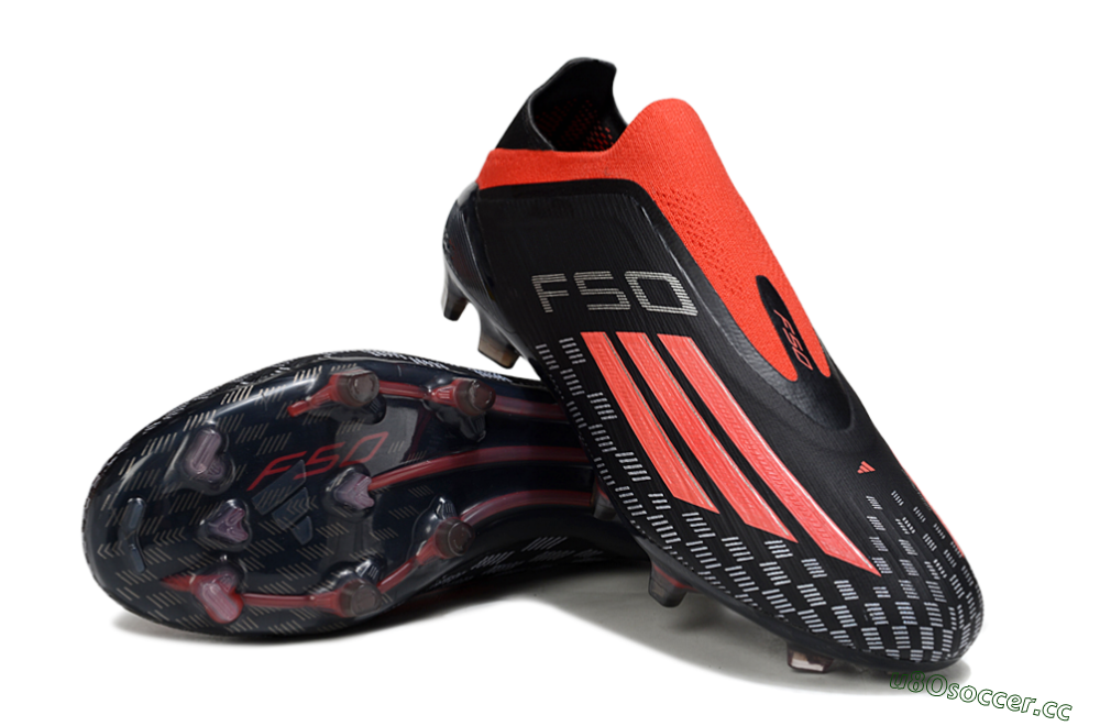 Men's Adidas F50 Pro Laceless FG Firm Ground Low-Tops Football Boots - Black/Fiery Red/Jet Black 3