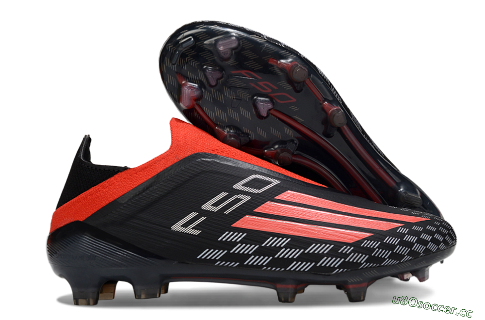 Men's Adidas F50 Pro Laceless FG Firm Ground Low-Tops Football Boots - Black/Fiery Red/Jet Black 2