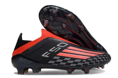 Men's Adidas F50 Pro Laceless FG Firm Ground Low-Tops Football Boots - Black/Fiery Red/Jet Black