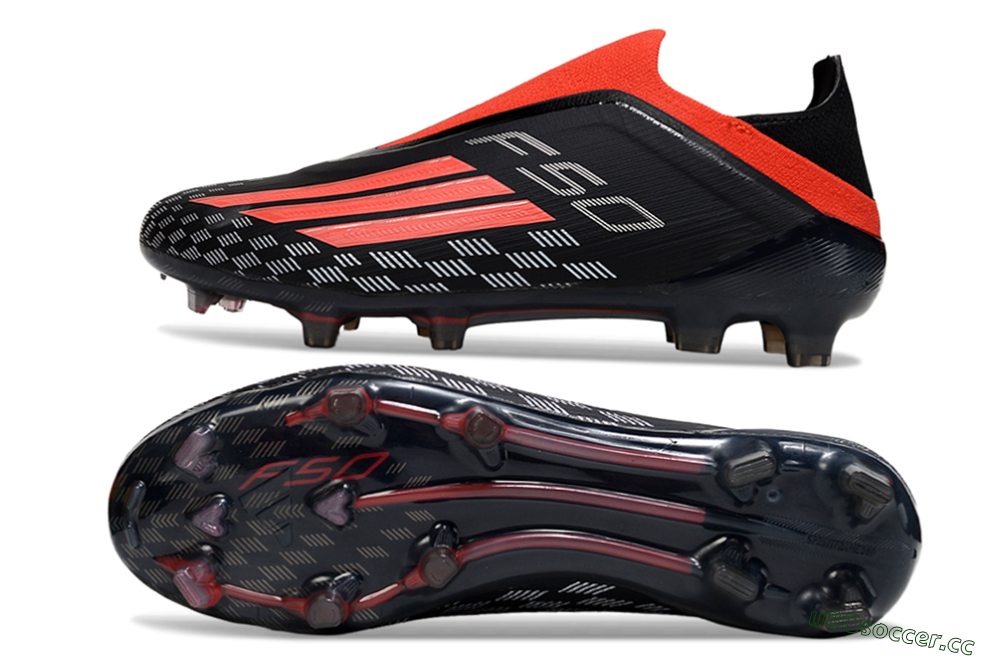 Men's Adidas F50 Pro Laceless FG Firm Ground Low-Tops Football Boots - Black/Fiery Red/Jet Black 1