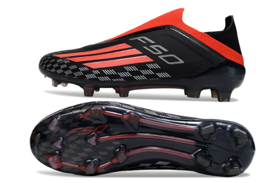 Men's Adidas F50 Pro Laceless FG Firm Ground Low-Tops Football Boots - Black/Fiery Red/Jet Black