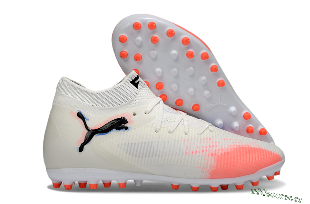 Men's Puma Future 8 Ultimate MG Multi Ground Low-Tops Football Boots - White/Electric Coral/Black 2