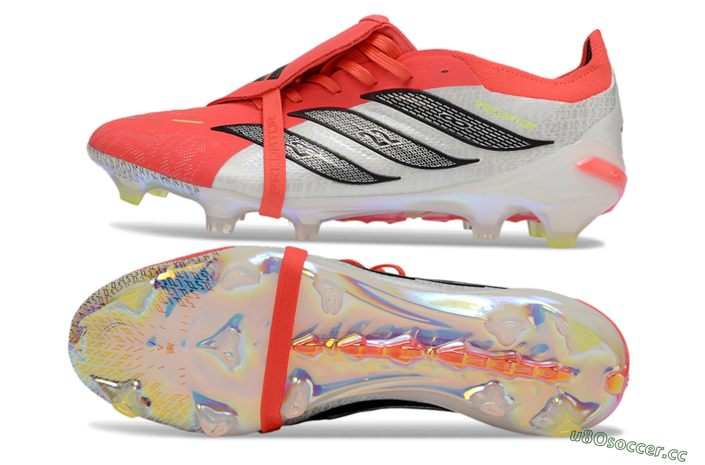 Men's Adidas Predator 25 Elite Fold-Over Tongue FG Firm Ground Low-Tops Football Boots - Red/Neon Orange/Metallic Silver 1