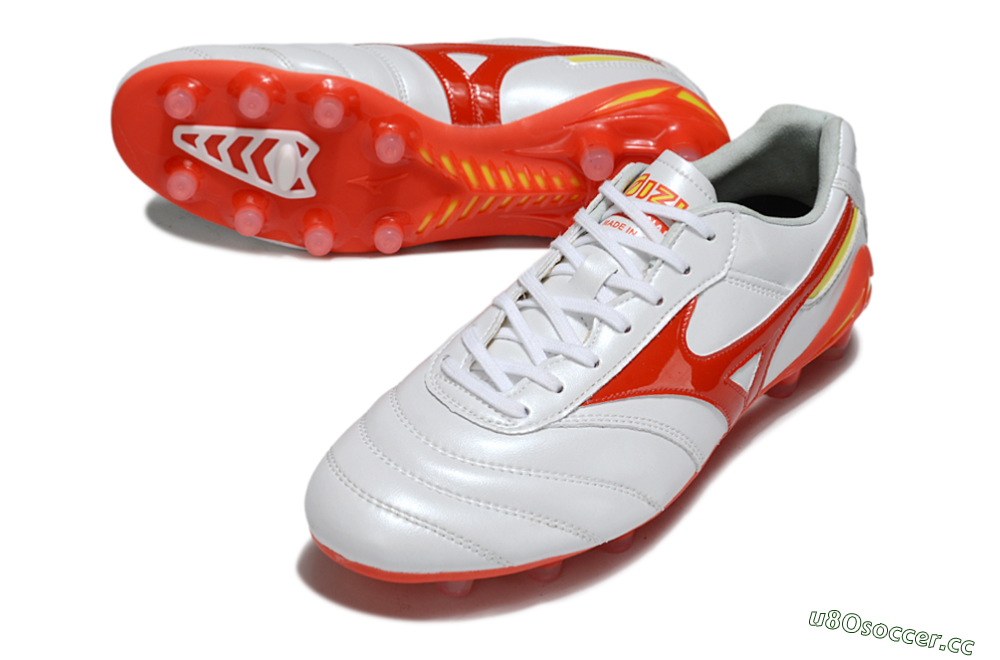 Men's Mizuno Morelia Neo 2 FG Firm Ground Low-Tops Football Boots - White/Fiery Red/Sunshine Yellow 0