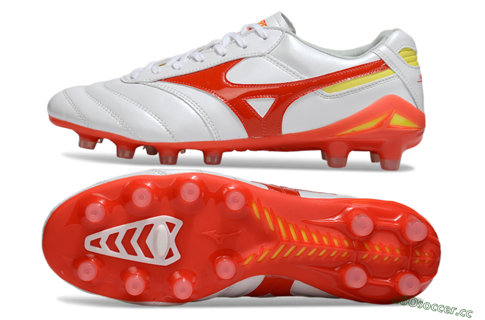 Men's Mizuno Morelia Neo 2 FG Firm Ground Low-Tops Football Boots - White/Fiery Red/Sunshine Yellow 1