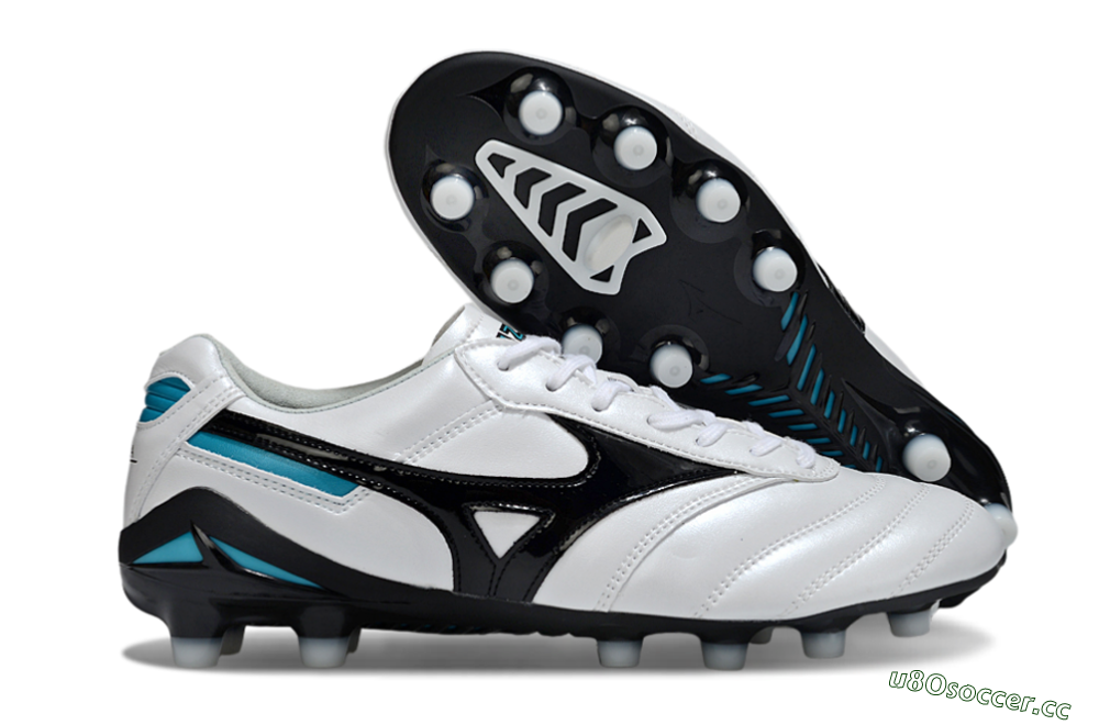 Men's Mizuno Morelia Neo 2 FG Firm Ground Low-Tops Football Boots - White/Midnight Black/Turquoise 2