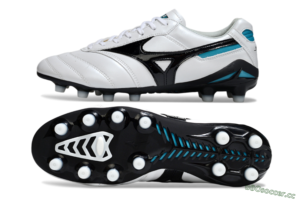 Men's Mizuno Morelia Neo 2 FG Firm Ground Low-Tops Football Boots - White/Midnight Black/Turquoise 1