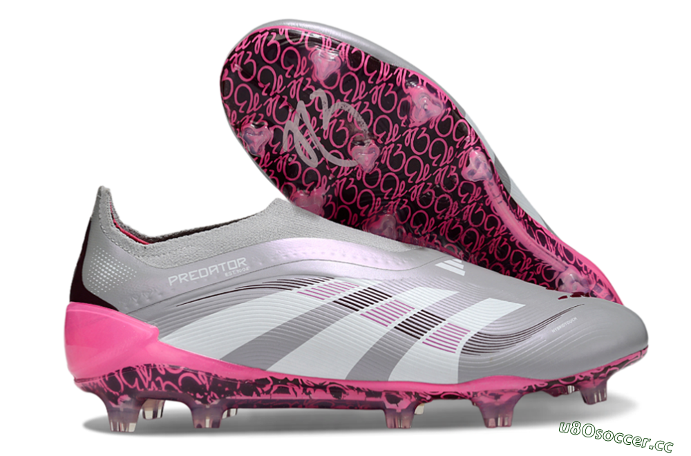 Men's Adidas Predator 25 Elite Laceless FG Firm Ground Low-Tops Football Boots - Gray/Electric Pink/Graphite Gray 2