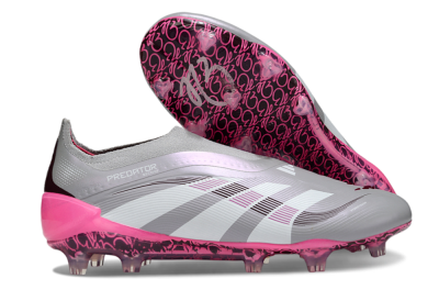 Men's Adidas Predator 25 Elite Laceless FG Firm Ground Low-Tops Football Boots - Gray/Electric Pink/Graphite Gray