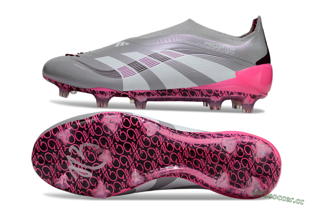 Men's Adidas Predator 25 Elite Laceless FG Firm Ground Low-Tops Football Boots - Gray/Electric Pink/Graphite Gray 1