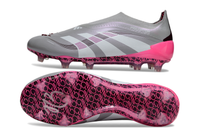Men's Adidas Predator 25 Elite Laceless FG Firm Ground Low-Tops Football Boots - Gray/Electric Pink/Graphite Gray