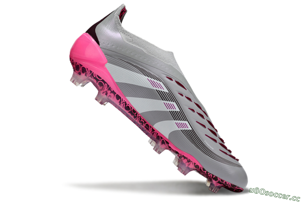Men's Adidas Predator 25 Elite Laceless FG Firm Ground Low-Tops Football Boots - Gray/Electric Pink/Graphite Gray 4