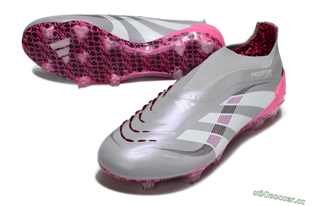 Men's Adidas Predator 25 Elite Laceless FG Firm Ground Low-Tops Football Boots - Gray/Electric Pink/Graphite Gray 3