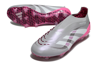 Men's Adidas Predator 25 Elite Laceless FG Firm Ground Low-Tops Football Boots - Gray/Electric Pink/Graphite Gray