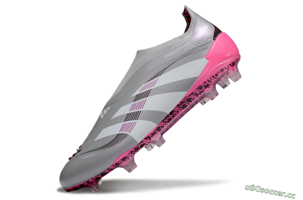 Men's Adidas Predator 25 Elite Laceless FG Firm Ground Low-Tops Football Boots - Gray/Electric Pink/Graphite Gray 5