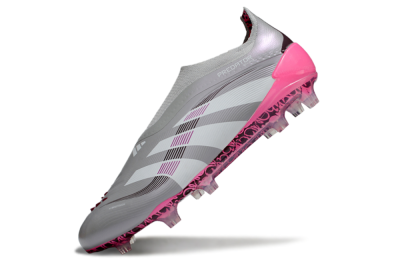 Men's Adidas Predator 25 Elite Laceless FG Firm Ground Low-Tops Football Boots - Gray/Electric Pink/Graphite Gray