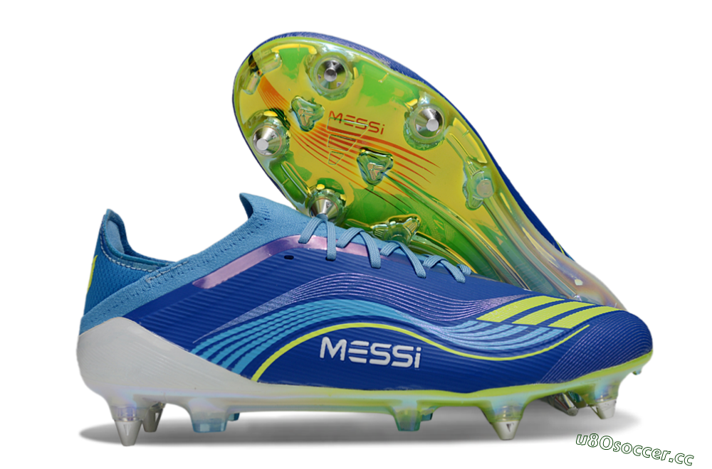 Men's Messi x Adidas F50 Elite SG Soft Ground Low-Tops Football Boots - Blue/Electric Blue/Neon Green 2