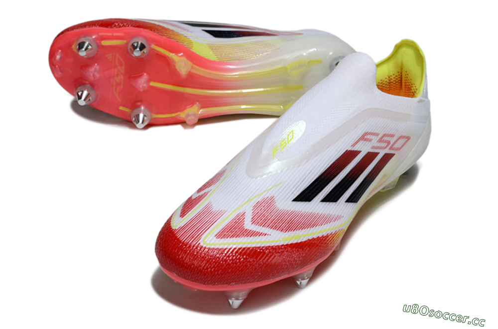 Men's Adidas F50 Elite Laceless SG Soft Ground Low-Tops Football Boots - White/Red Blaze/Volt Yellow 3