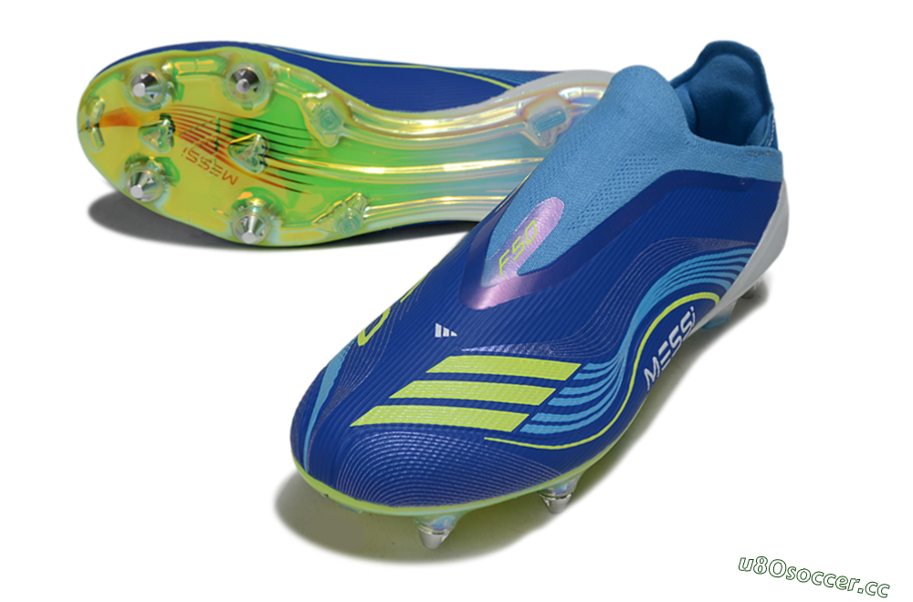 Men's Messi x Adidas F50 Elite Laceless SG Soft Ground Low-Tops Football Boots - Blue/Electric Yellow/Deep Blue 3