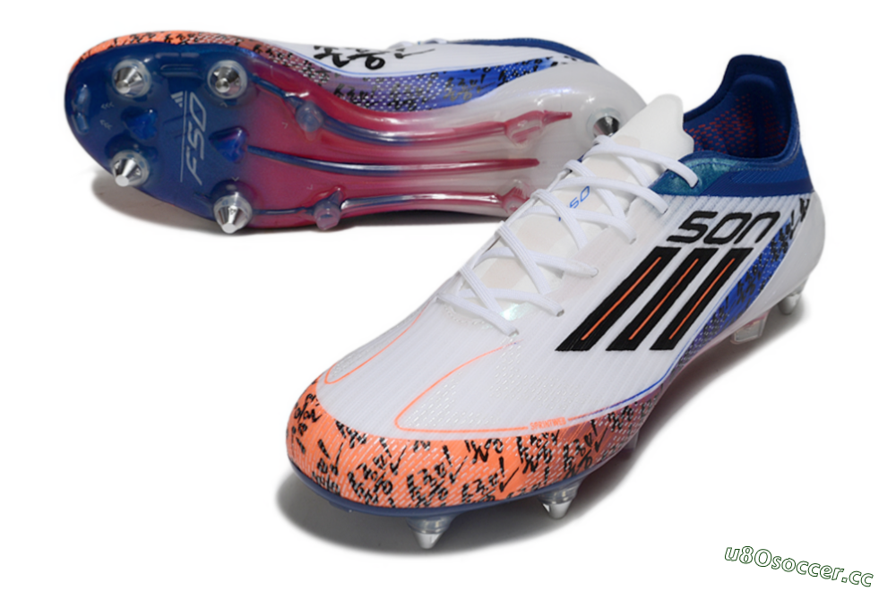 Men's SON x Adidas F50 Elite SG Soft Ground Low-Tops Football Boots - White/Vibrant Orange/Deep Blue 3