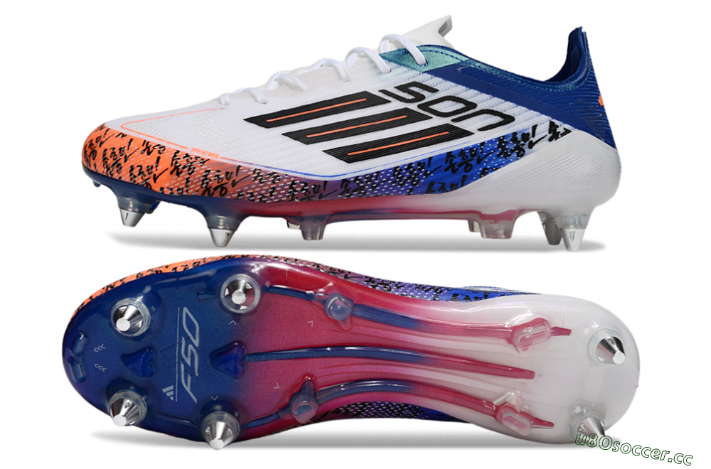 Men's SON x Adidas F50 Elite SG Soft Ground Low-Tops Football Boots - White/Vibrant Orange/Deep Blue 1