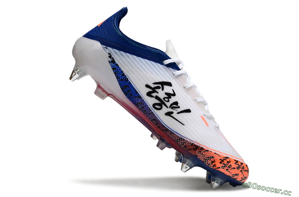 Men's SON x Adidas F50 Elite SG Soft Ground Low-Tops Football Boots - White/Vibrant Orange/Deep Blue 4