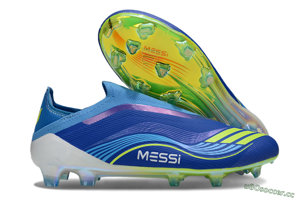 Unisex Messi x Adidas F50 Elite Laceless FG Firm Ground Low-Tops Football Boots - Blue/Sky Blue/Electric Yellow 2