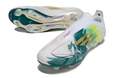 Men's Adidas F50+ Elite Lightstrike Pro Laceless FG Firm Ground Low-Tops Football Boots - White/Neon Green/Sapphire Blue