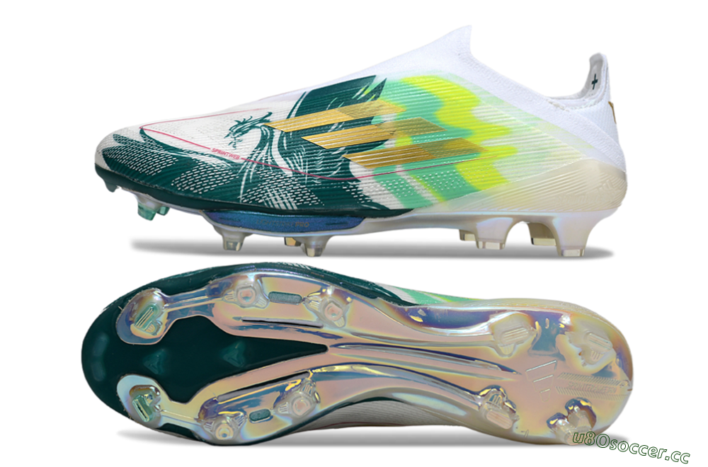 Men's Adidas F50+ Elite Lightstrike Pro Laceless FG Firm Ground Low-Tops Football Boots - White/Neon Green/Sapphire Blue 1