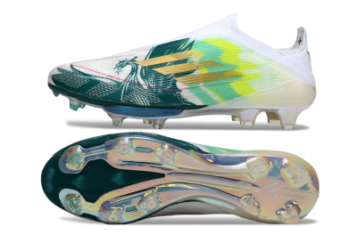 Men's Adidas F50+ Elite Lightstrike Pro Laceless FG Firm Ground Low-Tops Football Boots - White/Neon Green/Sapphire Blue