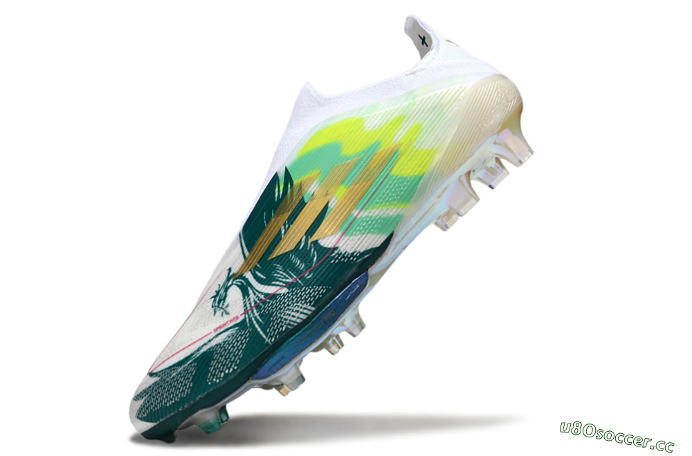 Men's Adidas F50+ Elite Lightstrike Pro Laceless FG Firm Ground Low-Tops Football Boots - White/Neon Green/Sapphire Blue 4