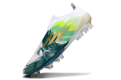 Men's Adidas F50+ Elite Lightstrike Pro Laceless FG Firm Ground Low-Tops Football Boots - White/Neon Green/Sapphire Blue