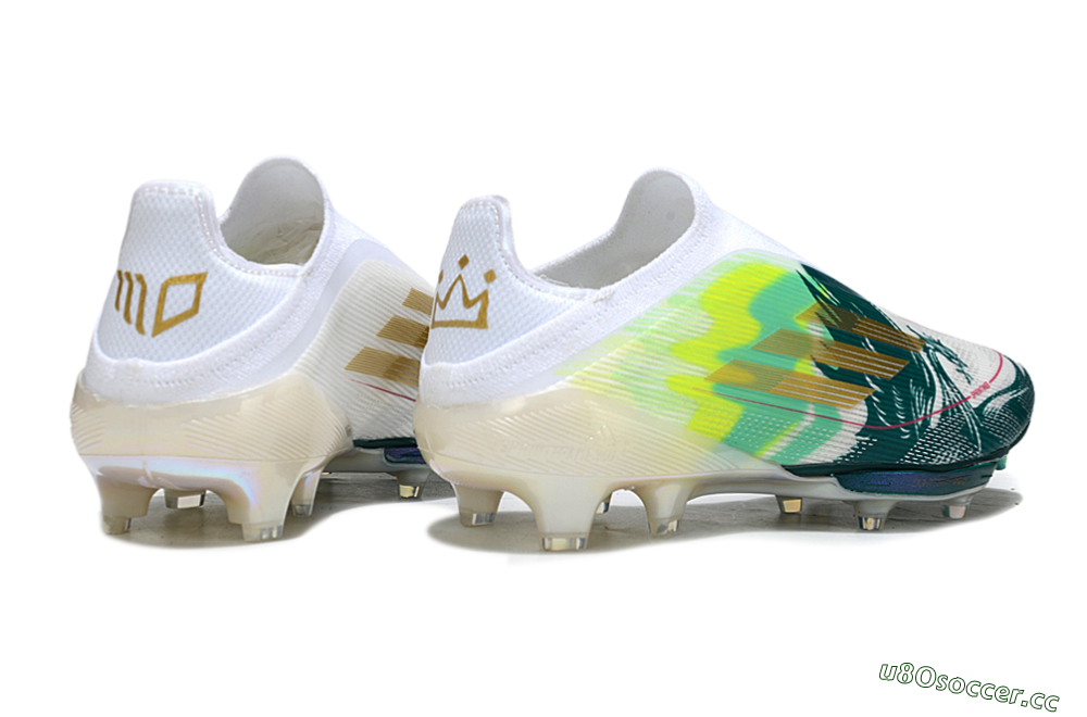 Men's Adidas F50+ Elite Lightstrike Pro Laceless FG Firm Ground Low-Tops Football Boots - White/Neon Green/Sapphire Blue 5