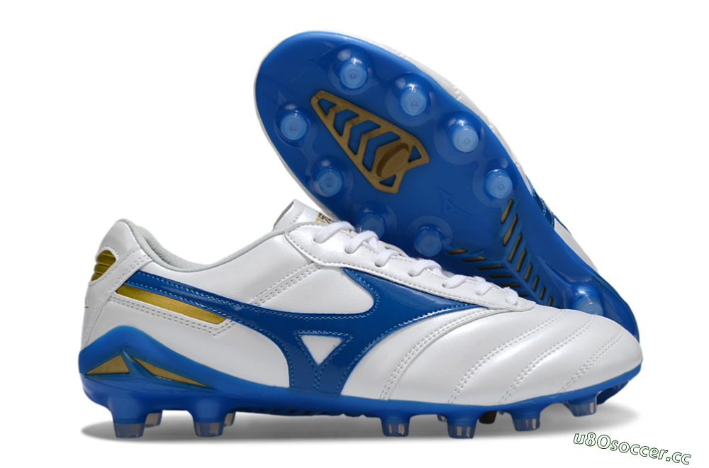 Men's Mizuno Morelia Neo 2 FG Firm Ground Low-Tops Football Boots - White/Azure Blue/Gold 2