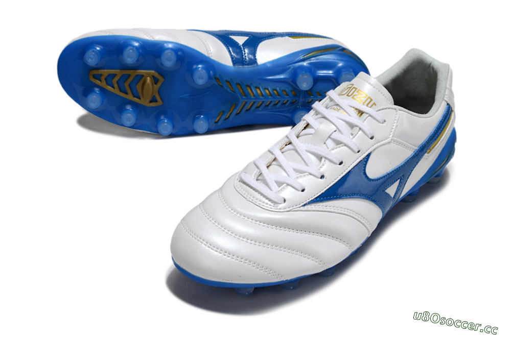 Men's Mizuno Morelia Neo 2 FG Firm Ground Low-Tops Football Boots - White/Azure Blue/Gold 3