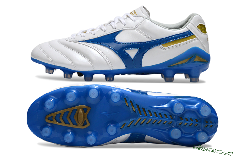 Men's Mizuno Morelia Neo 2 FG Firm Ground Low-Tops Football Boots - White/Azure Blue/Gold 1