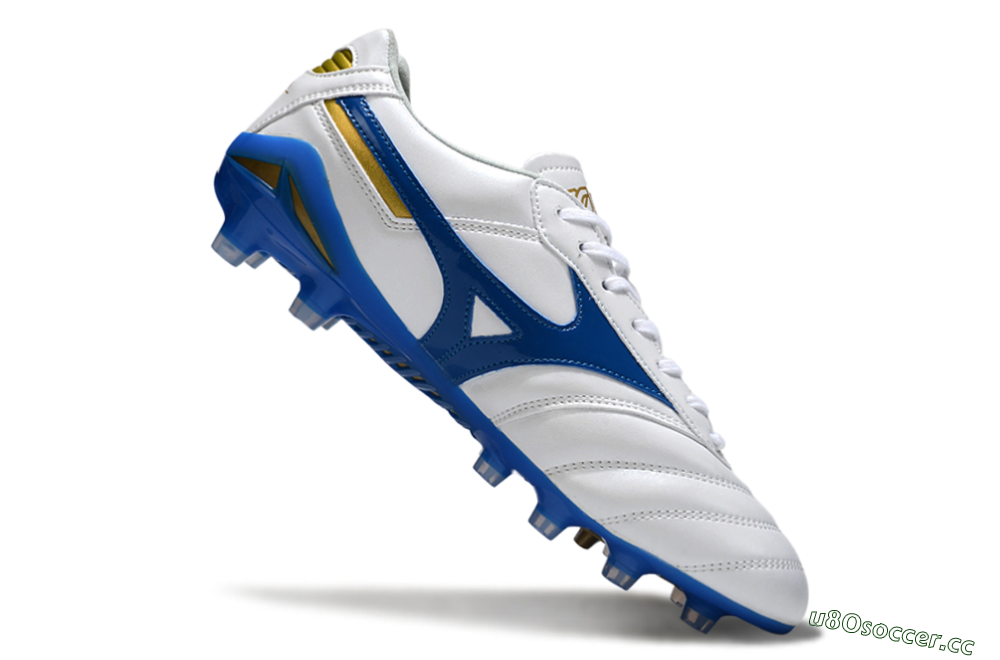 Men's Mizuno Morelia Neo 2 FG Firm Ground Low-Tops Football Boots - White/Azure Blue/Gold 4
