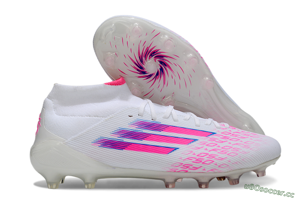 Men's Adidas F50 Elite Mid FG Firm Ground High-Tops Football Boots - White/Vibrant Pink/Electric Blue 2