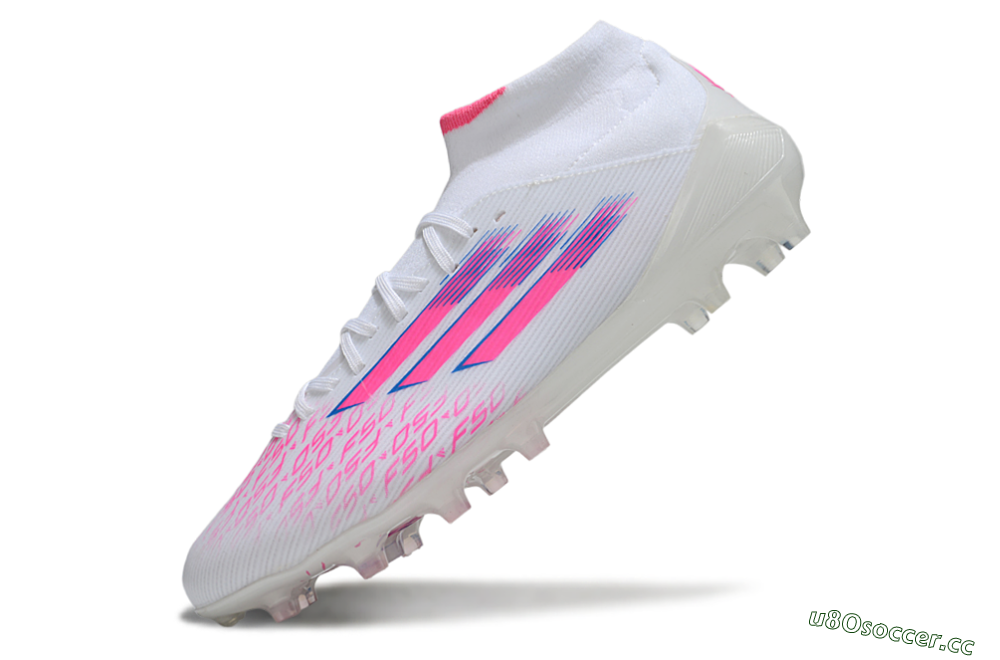 Men's Adidas F50 Elite Mid FG Firm Ground High-Tops Football Boots - White/Vibrant Pink/Electric Blue 5