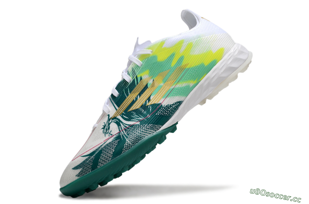 Men's Adidas F50 Pro TF Artificial Turf Low-Tops Football Shoes - White/Green Splash/Golden Burst 5