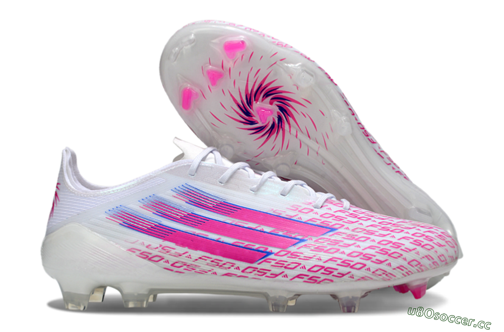 Unisex Adidas F50 Elite FG Firm Ground Low-Tops Football Boots - White/Fuchsia Pink/Blue 2