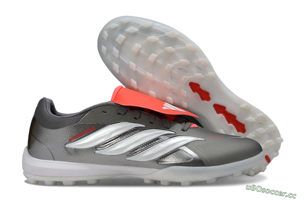 Men's Adidas Predator League Fold-Over Tongue TF Artificial Turf Low-Tops Football Shoes - Gray/Electric Orange/White 2