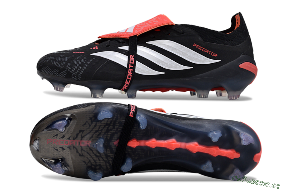 Men's Adidas Predator 26 Elite Fold-Over Tongue FG Firm Ground Low-Tops Football Boots - Black/Vibrant Red/Metallic Silver 1