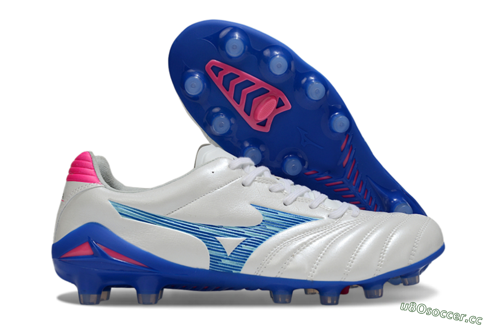 Men's Mizuno Morelia Neo 4 FG Firm Ground Low-Tops Football Boots - White/Electric Blue/Hot Pink 2