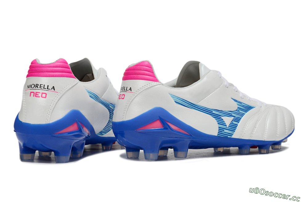 Men's Mizuno Morelia Neo 4 FG Firm Ground Low-Tops Football Boots - White/Electric Blue/Hot Pink 6