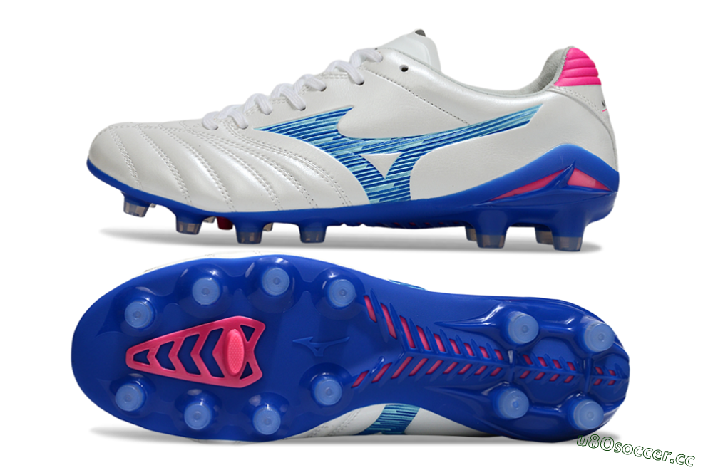 Men's Mizuno Morelia Neo 4 FG Firm Ground Low-Tops Football Boots - White/Electric Blue/Hot Pink 1