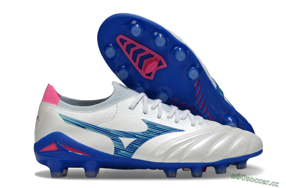 Men's Mizuno Morelia Neo 4 FG Firm Ground Low-Tops Football Boots - White/Blue Ocean/Pink Accent 2