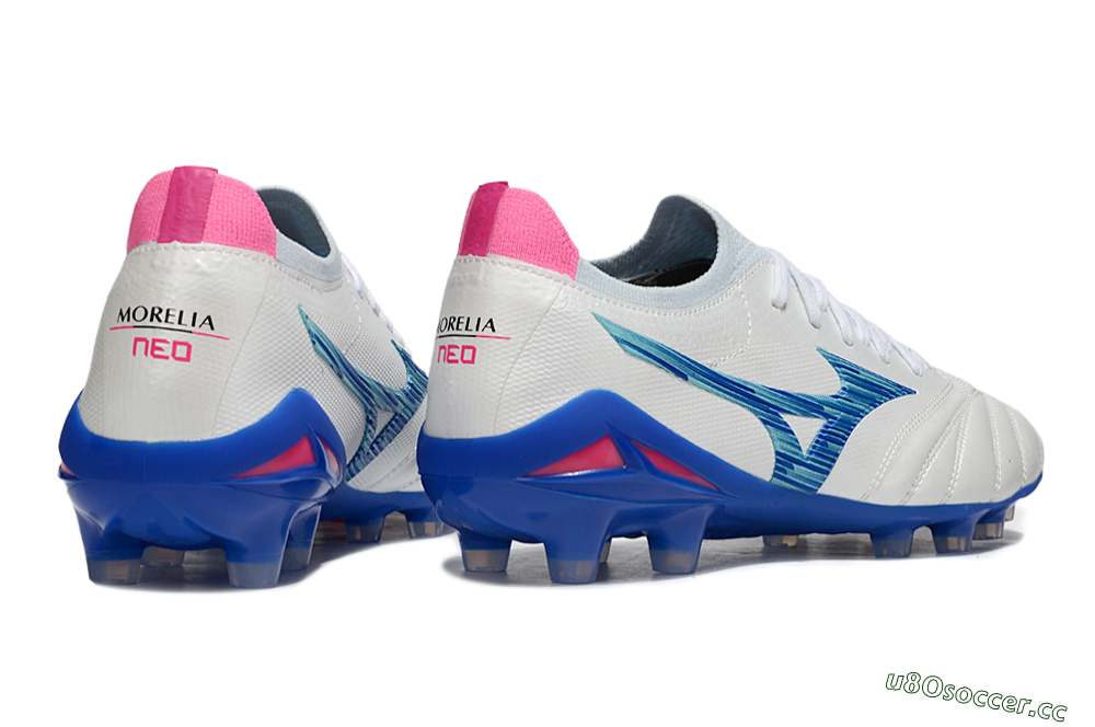Men's Mizuno Morelia Neo 4 FG Firm Ground Low-Tops Football Boots - White/Blue Ocean/Pink Accent 6